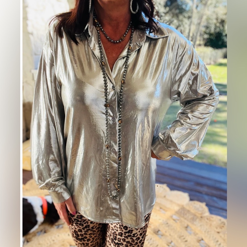 BiBi Metallic Silver Women's Top - Holiday Ready - New NWT (Small)